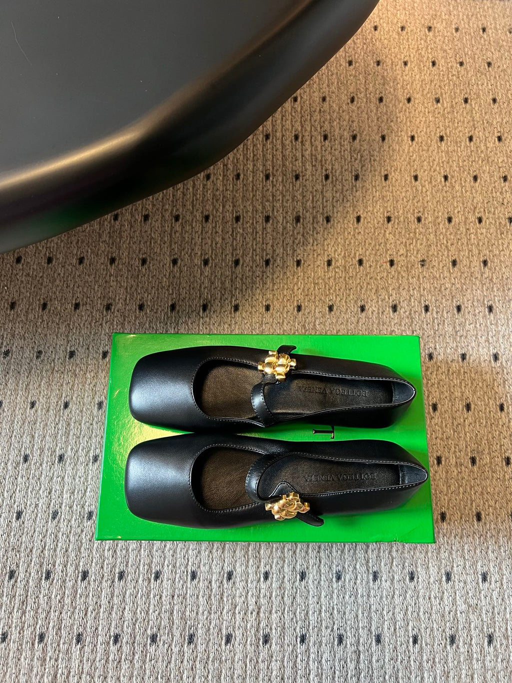BOTTEGA VENETA 26S MARY JANE FLATS IN BLACK LAMBSKIN WITH GOLD HARDWARE