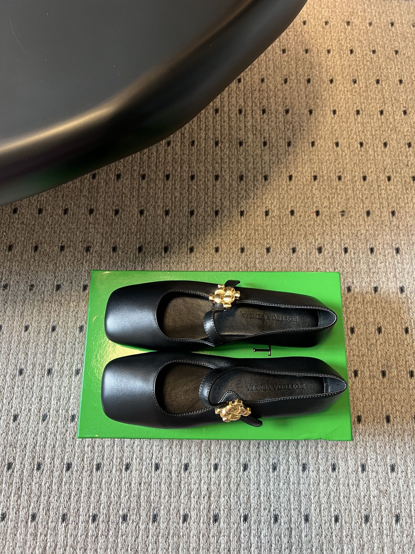 BOTTEGA VENETA 26S MARY JANE FLATS IN BLACK LAMBSKIN WITH GOLD HARDWARE