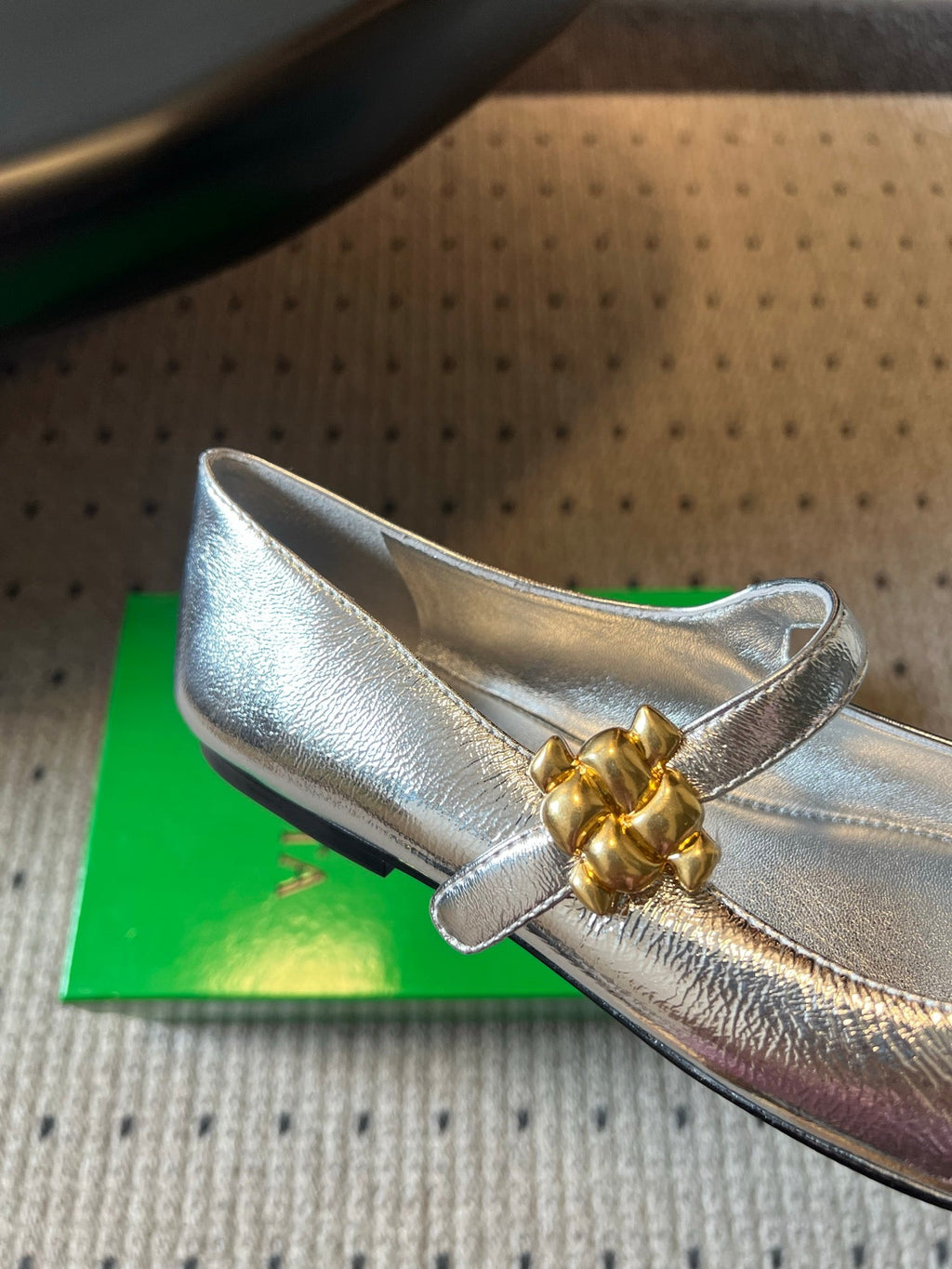BOTTEGA VENETA 26S MARY JANE FLATS IN SILVER LAMBSKIN WITH GOLD HARDWARE