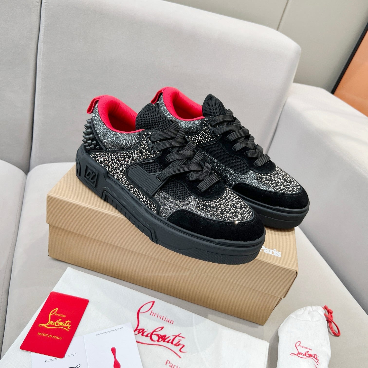 ASTROLOUBI SNEAKER IN BLACK SUEDE BLACK SPIKES RHINESTONE DETAILS