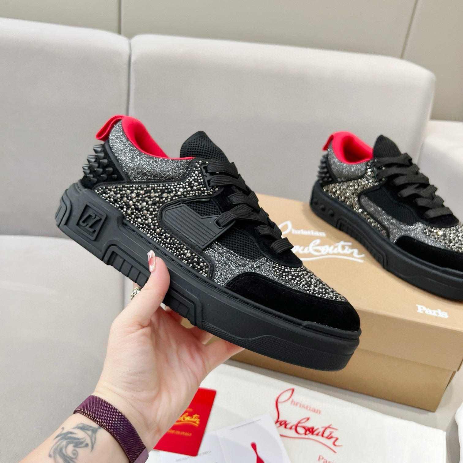 ASTROLOUBI SNEAKER IN BLACK SUEDE BLACK SPIKES RHINESTONE DETAILS