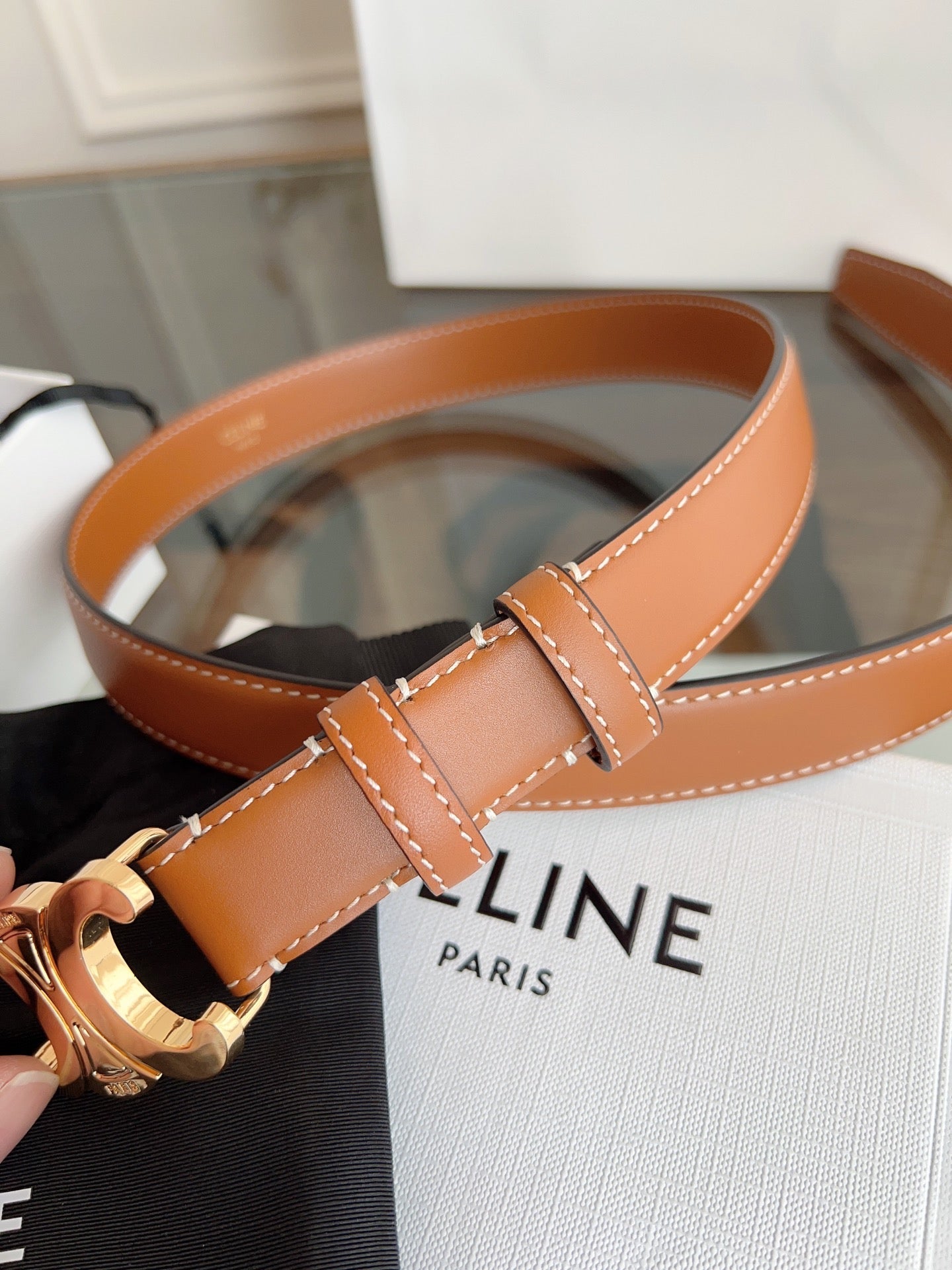 TRIOMPHE BELT 24MM IN BRONZE BROWN CALFSKIN WITH GOLD BUCKLE