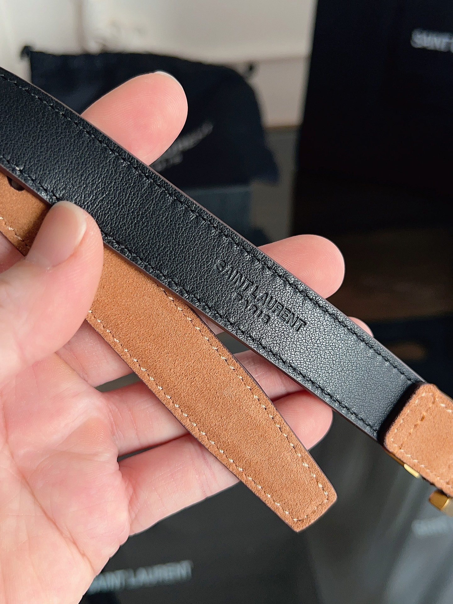 YSL 25S BELT 20 MM IN CARAMEL BROWN SUEDE 616310