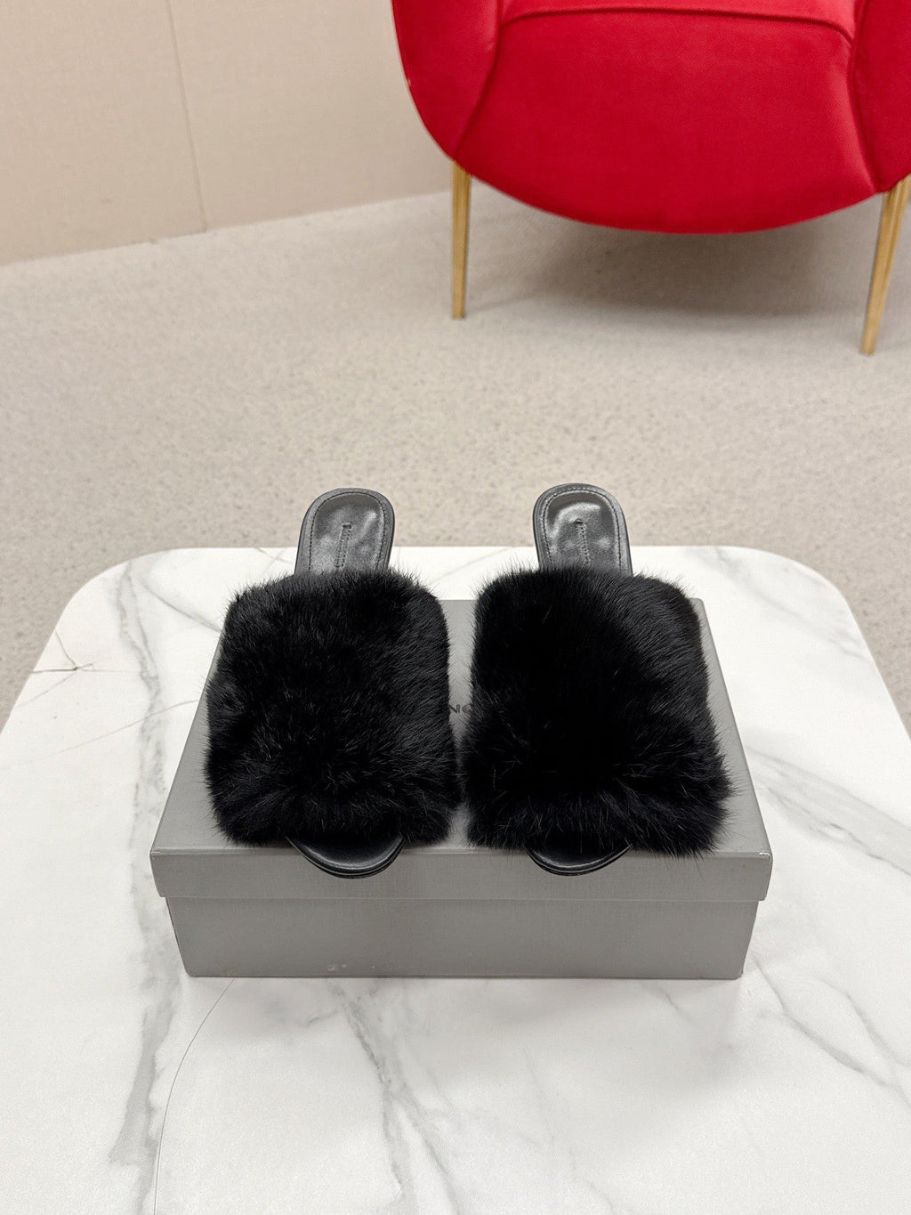 BALENCIAGA 25S HIGH HEEL SANDALS 65 MM IN BLACK LAMBSKIN AND FUR