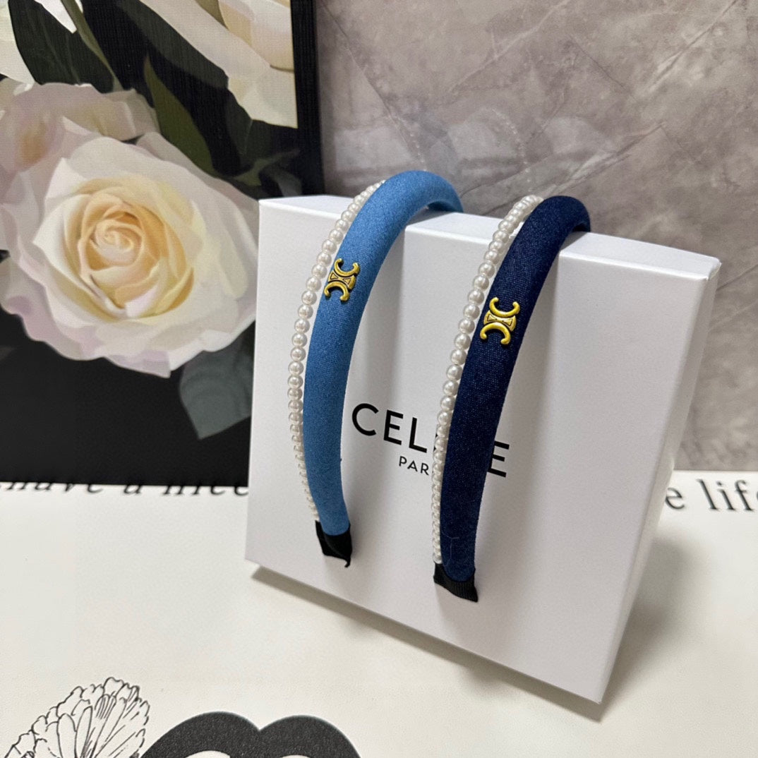 BRIGHT BLUE DENIM FABRIC HAIRBAND WITH PEARL CHAIN 400482