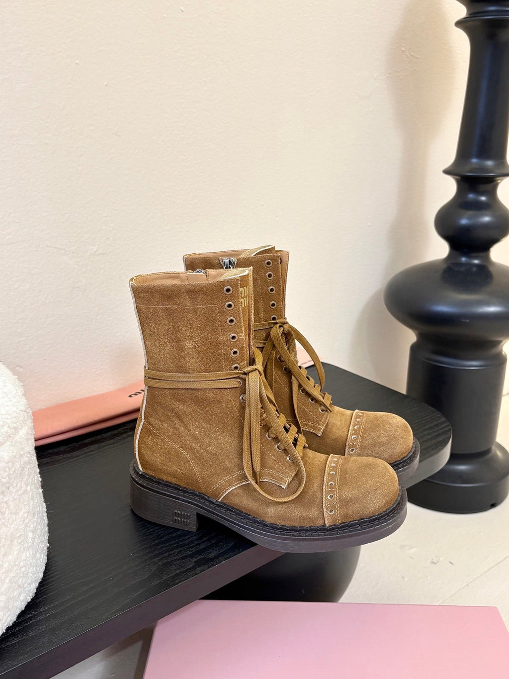 MIUMIU 25S LACED BOOTIES IN CINNAMON BROWN SUEDE