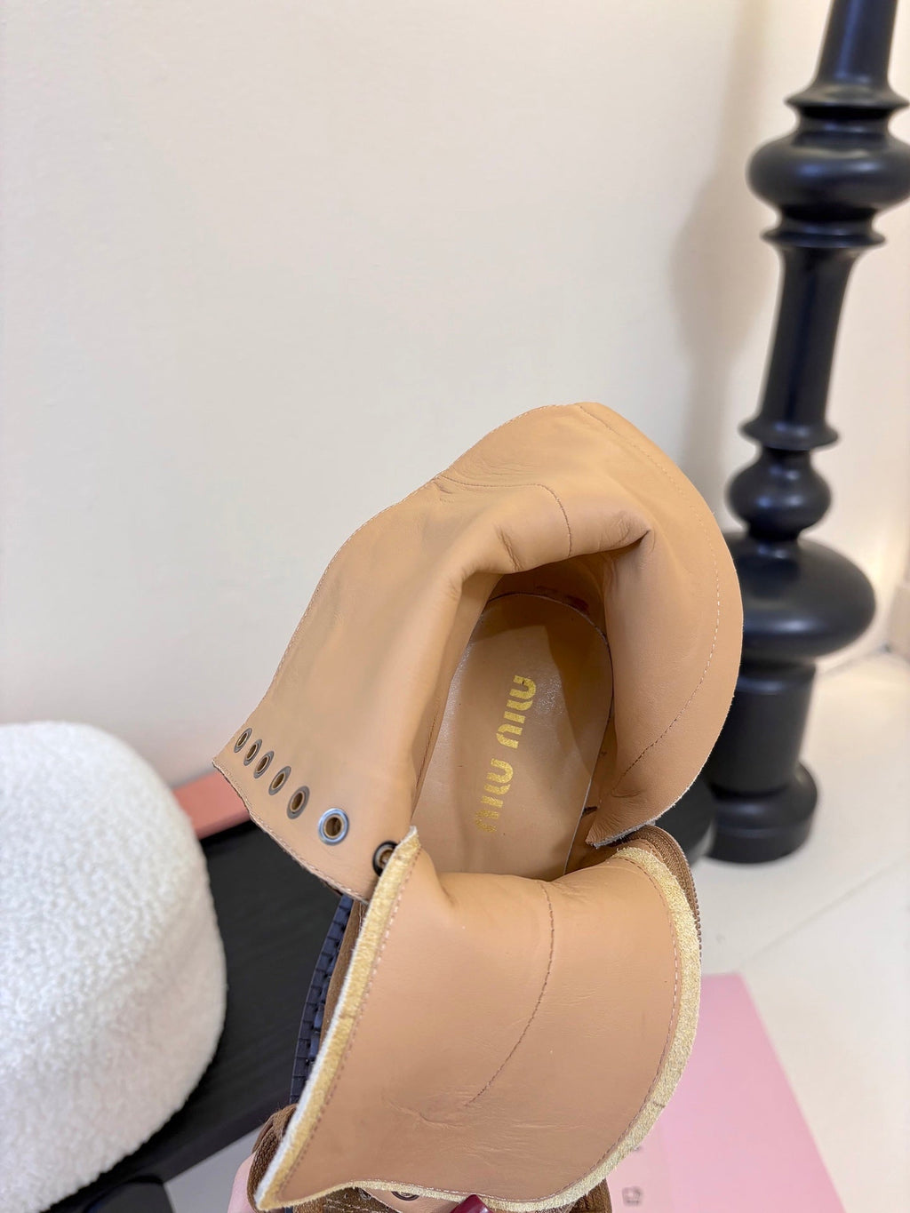 MIUMIU 25S LACED BOOTIES IN CINNAMON BROWN SUEDE