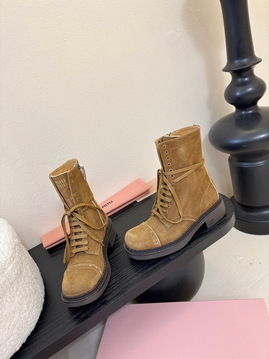 MIUMIU 25S LACED BOOTIES IN CINNAMON BROWN SUEDE