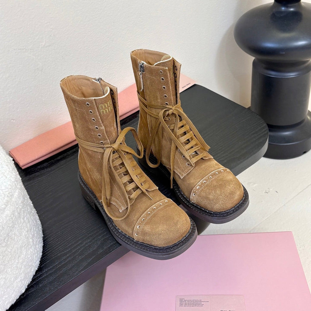 MIUMIU 25S LACED BOOTIES IN CINNAMON BROWN SUEDE