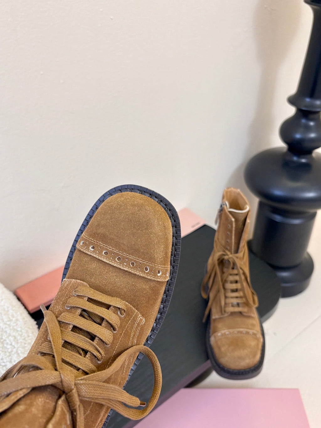 MIUMIU 25S LACED BOOTIES IN CINNAMON BROWN SUEDE