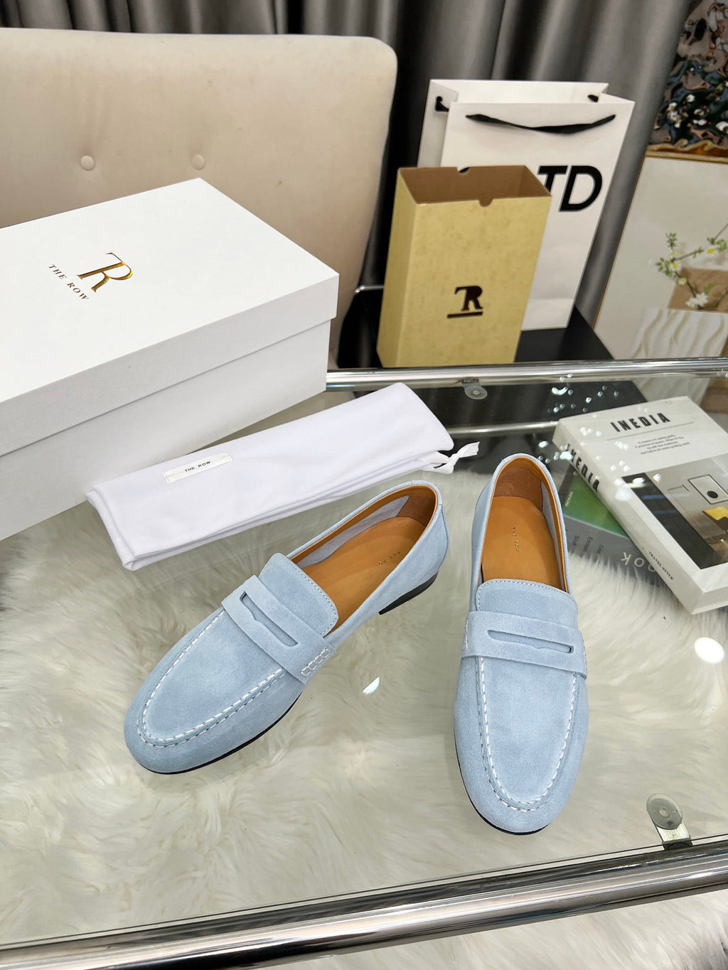 THE ROW 26S PENNY LOAFERS IN LIGHT BLUE SUEDE