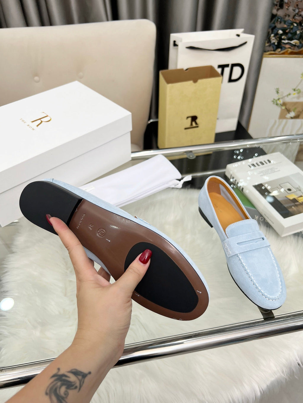 THE ROW 26S PENNY LOAFERS IN LIGHT BLUE SUEDE