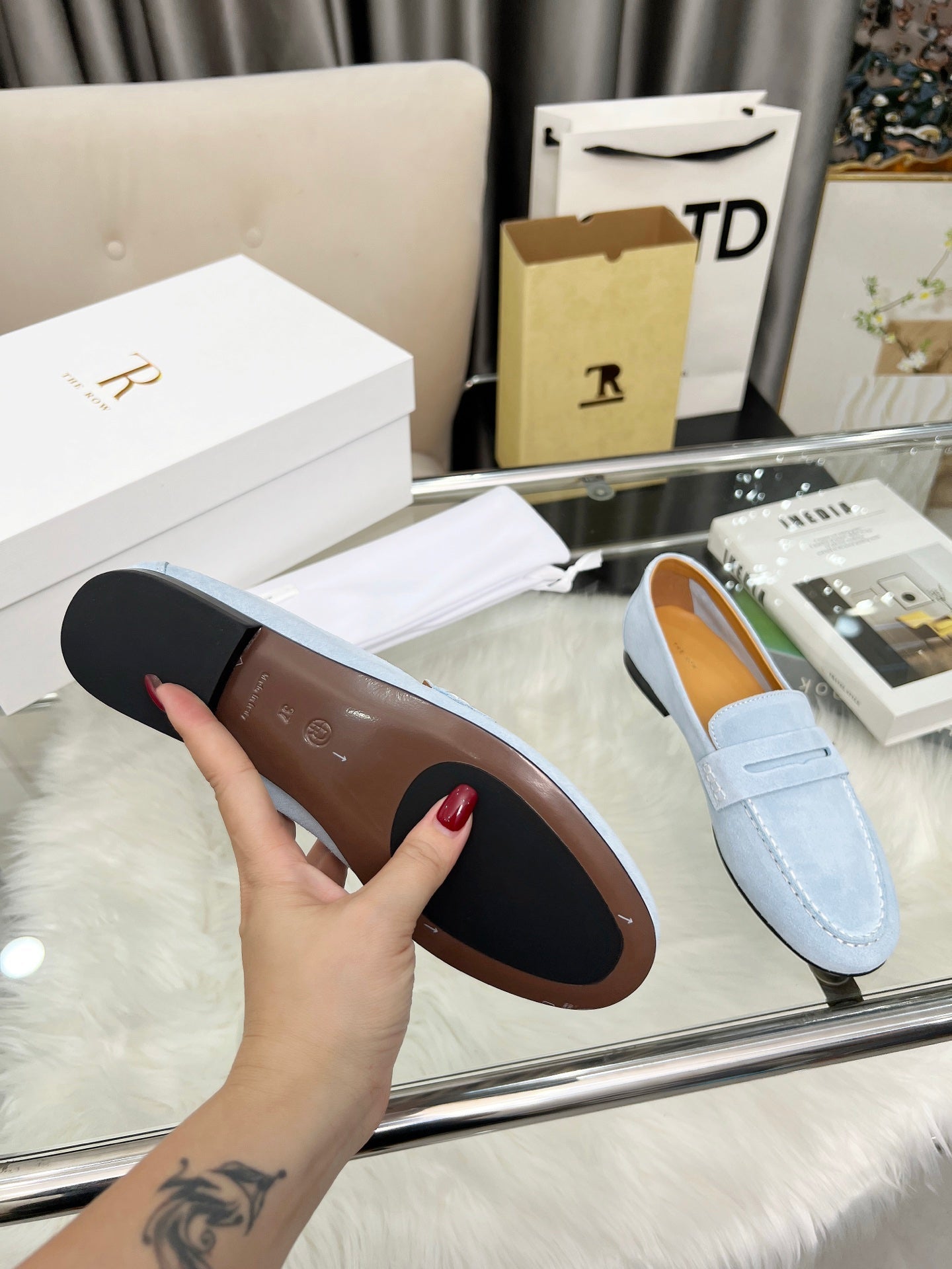 THE ROW 26S PENNY LOAFERS IN LIGHT BLUE SUEDE