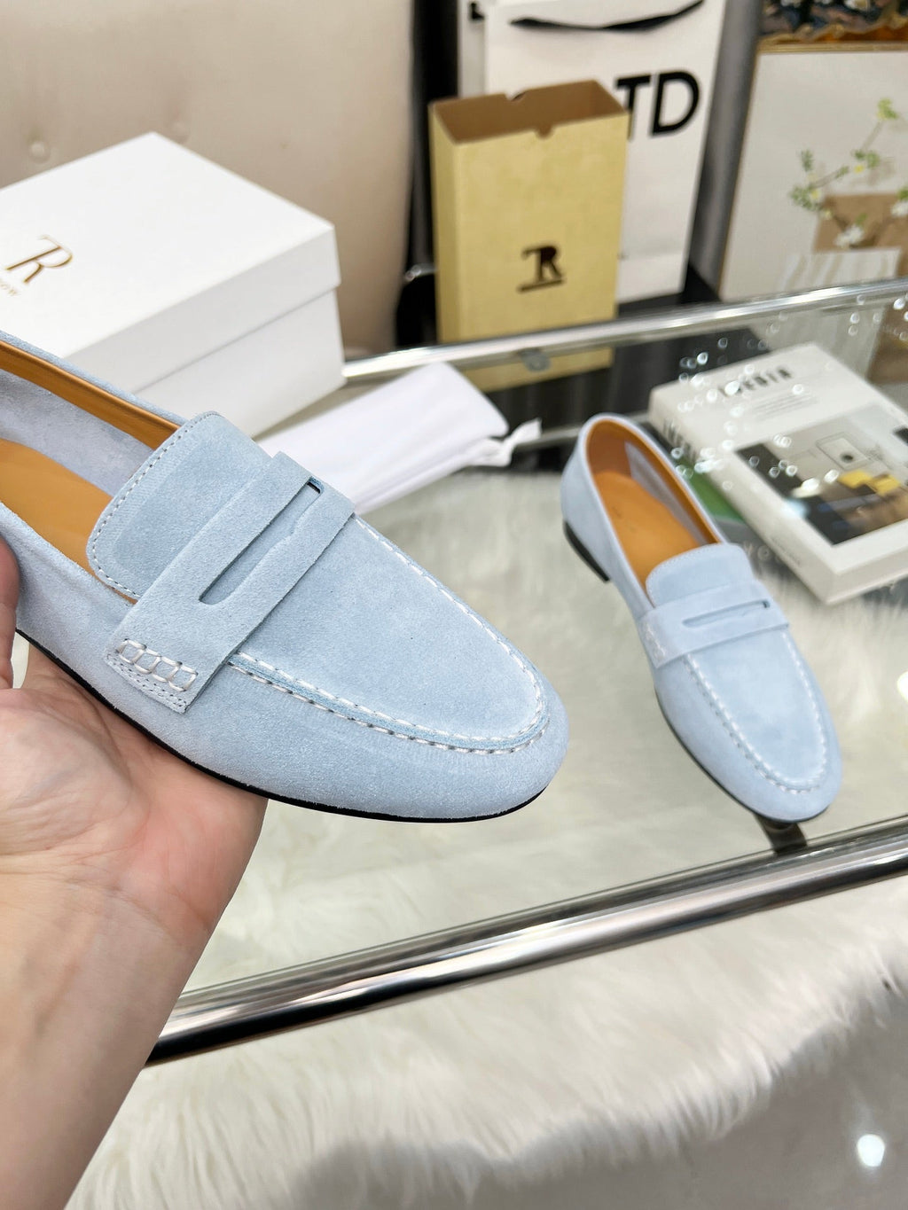 THE ROW 26S PENNY LOAFERS IN LIGHT BLUE SUEDE