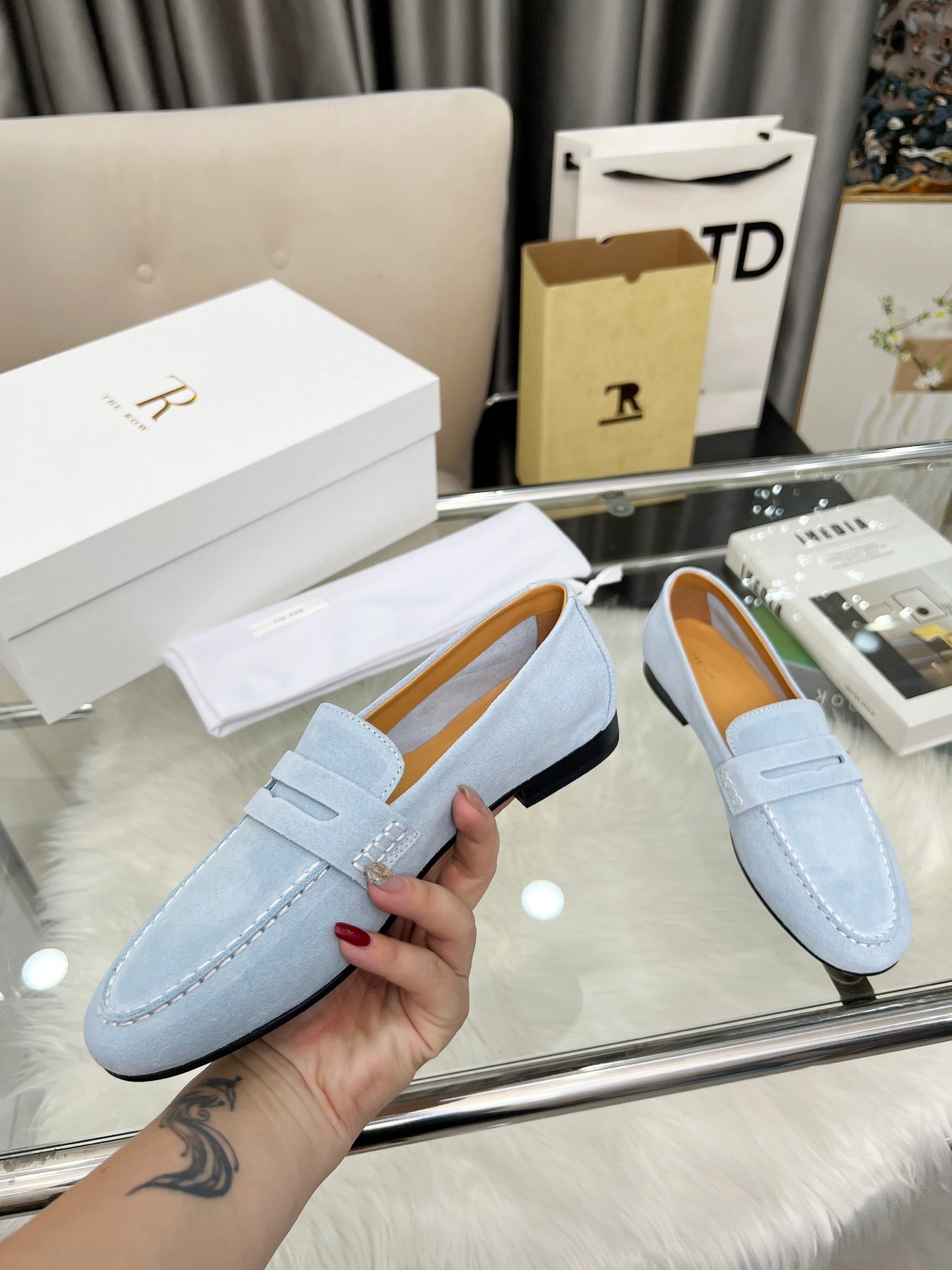 THE ROW 26S PENNY LOAFERS IN LIGHT BLUE SUEDE