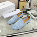 THE ROW 26S PENNY LOAFERS IN LIGHT BLUE SUEDE