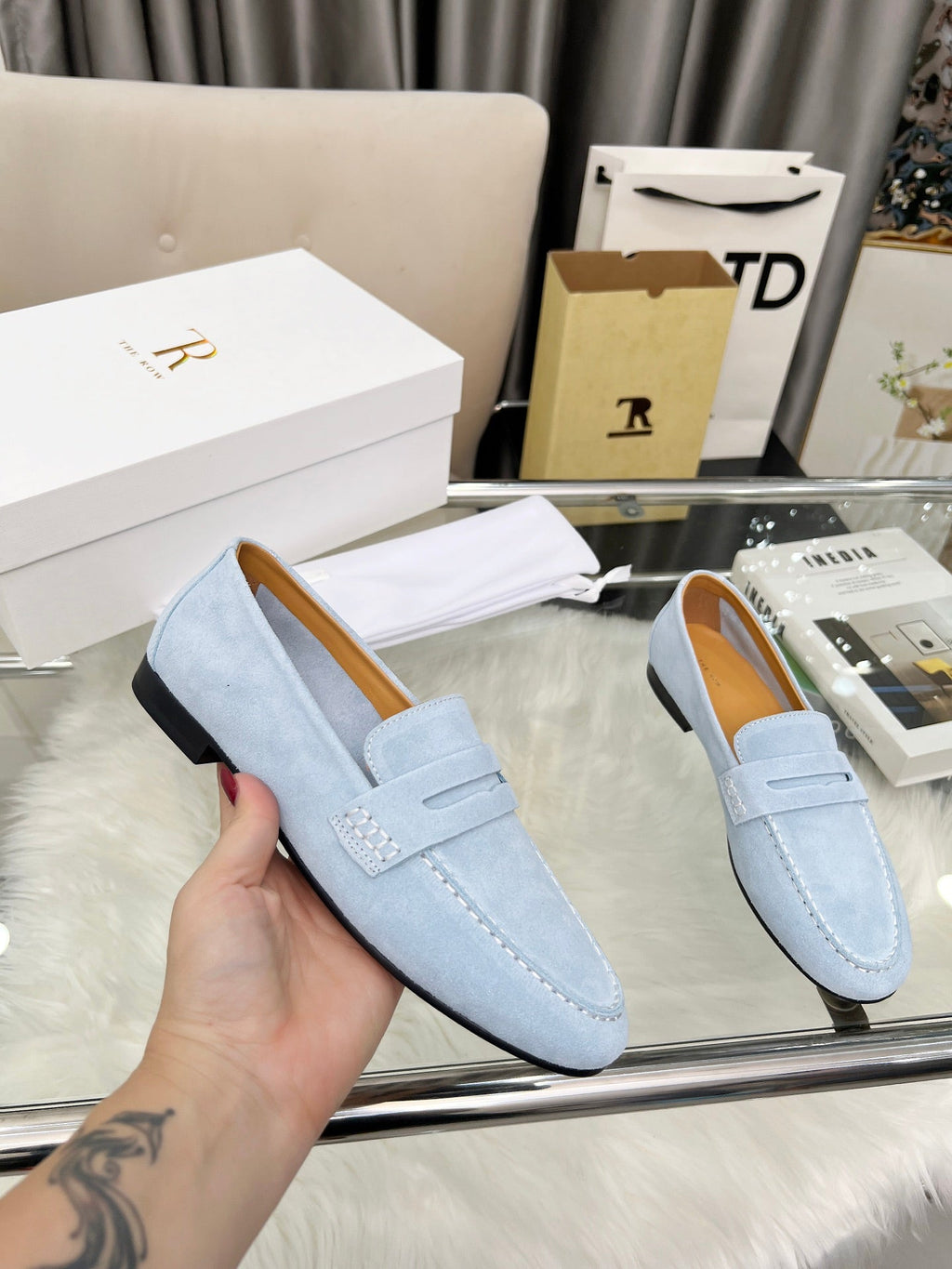 THE ROW 26S PENNY LOAFERS IN LIGHT BLUE SUEDE