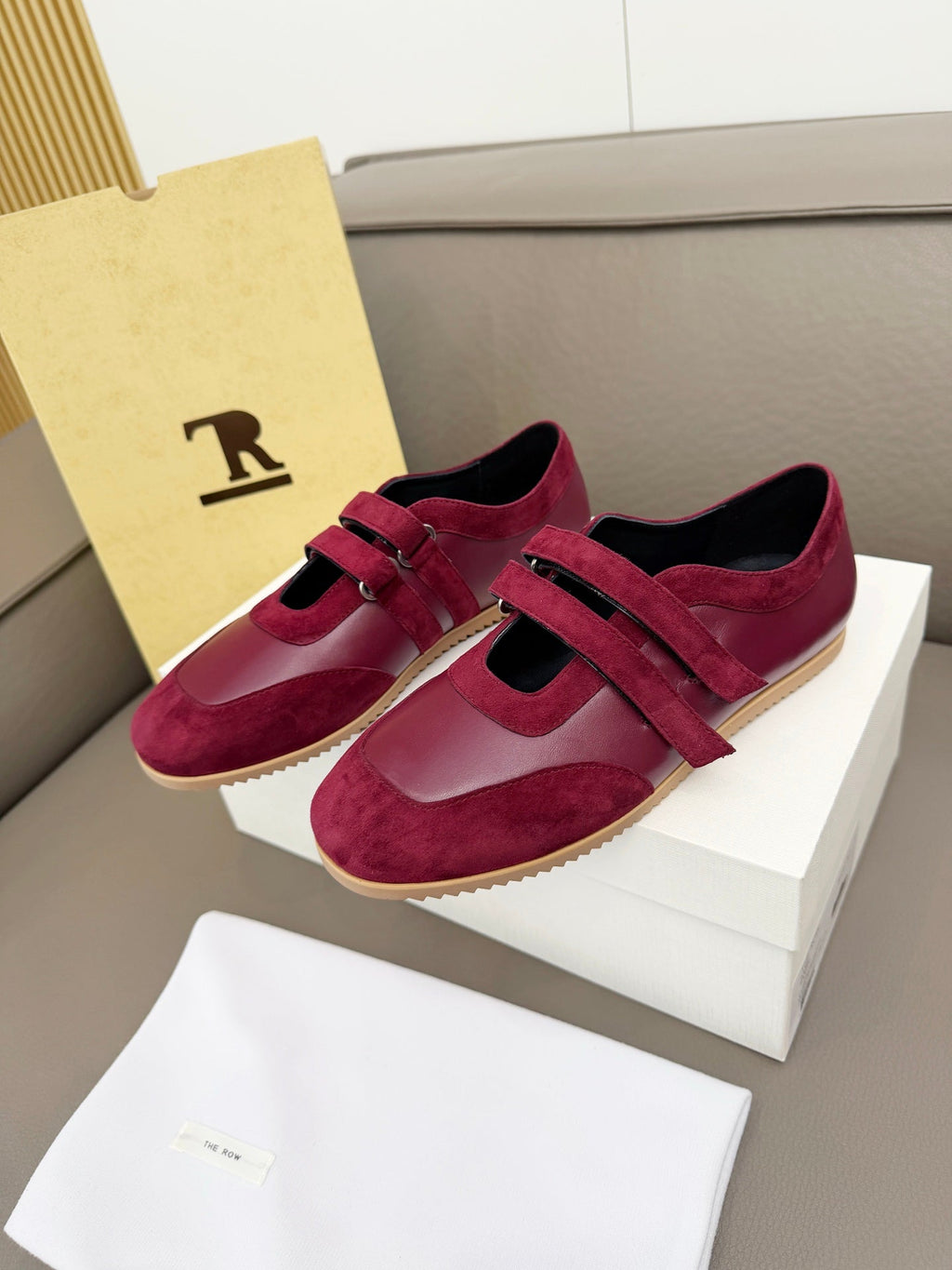 THE ROW 26S DOUBLE STRAP MARY JANE SNEAKERS IN BURGUNDY RED CALFSKIN AND SUEDE