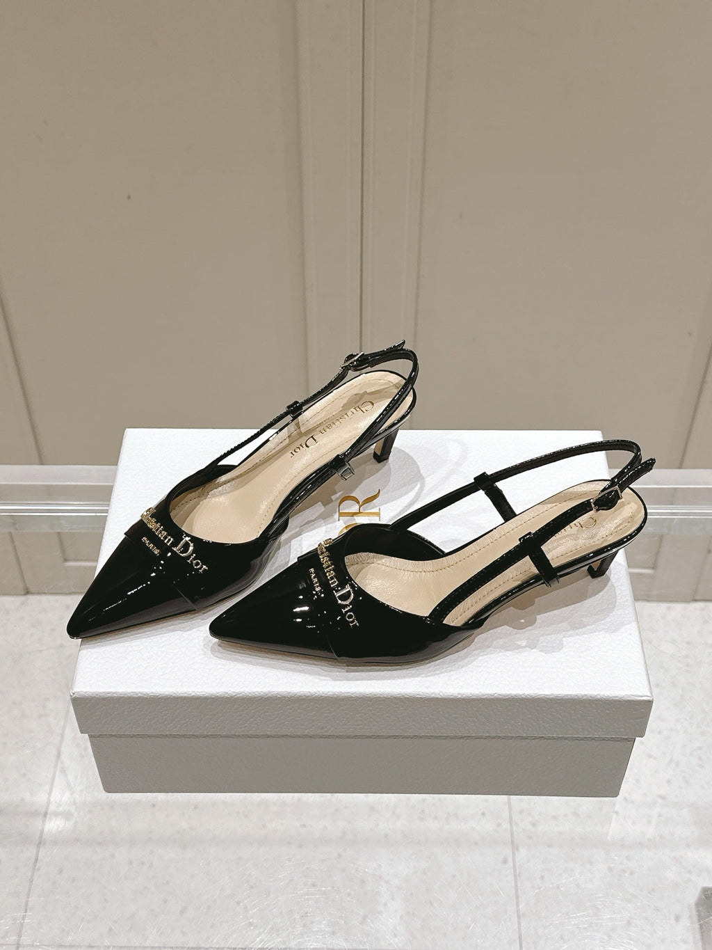 MY DD 25S SLINGBACK PUMP 50MM IN BLACK GLOSSY CALFSKIN