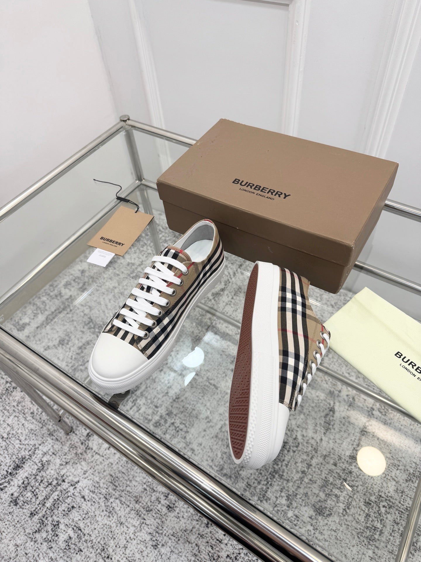 BURBERRY 26S LOGO CHECK LOW TOP SNEAKERS IN ARCHIVE BEIGE CANVAS