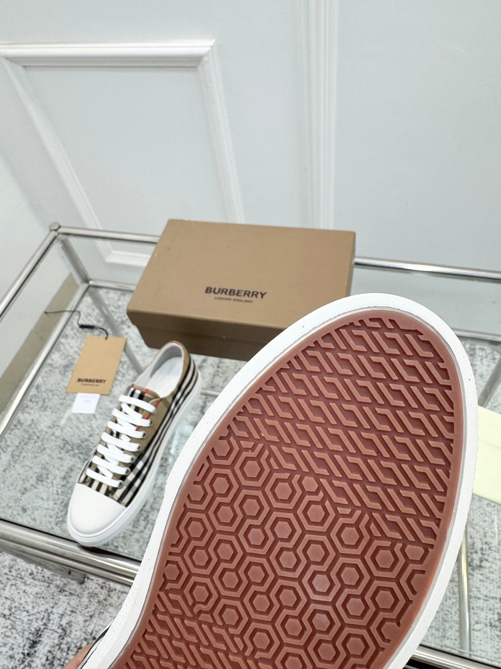 BURBERRY 26S LOGO CHECK LOW TOP SNEAKERS IN ARCHIVE BEIGE CANVAS