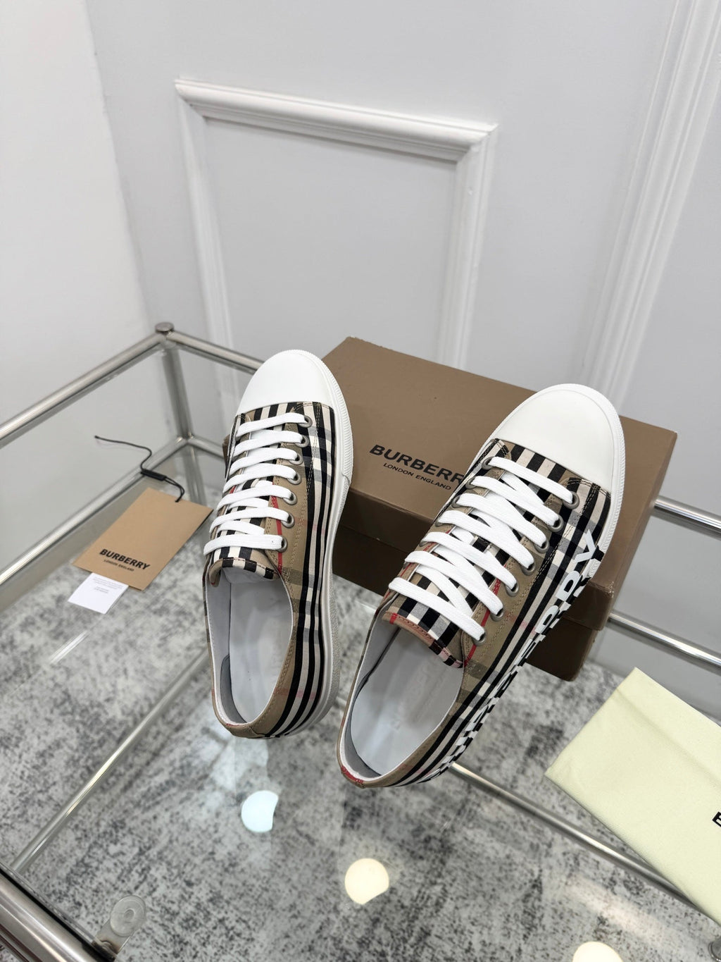 BURBERRY 26S LOGO CHECK LOW TOP SNEAKERS IN ARCHIVE BEIGE CANVAS