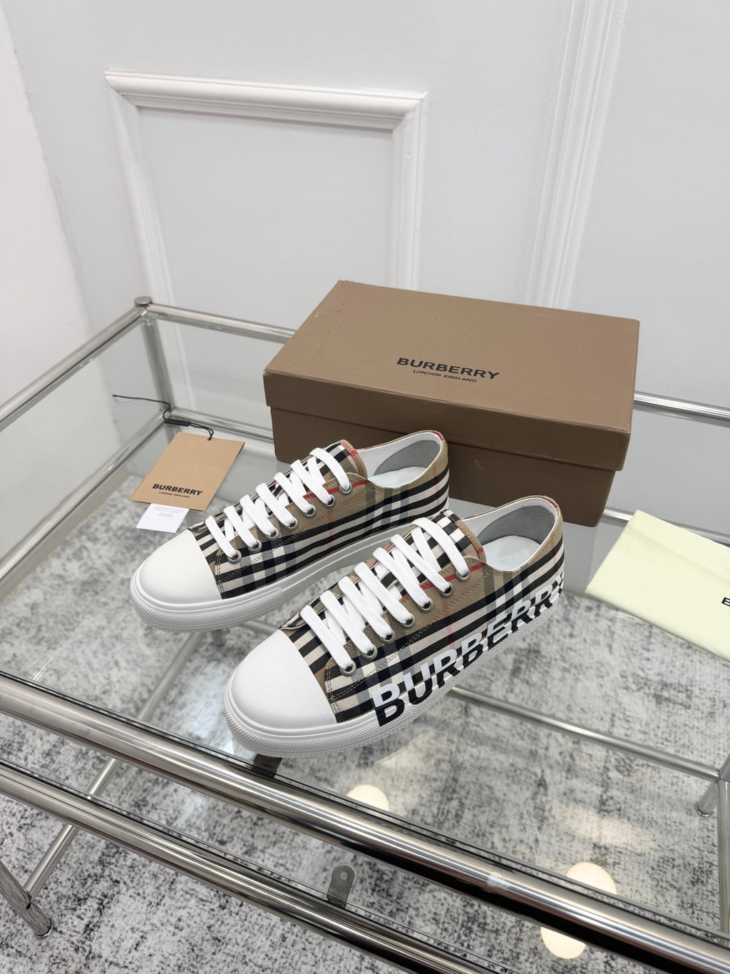BURBERRY 26S LOGO CHECK LOW TOP SNEAKERS IN ARCHIVE BEIGE CANVAS