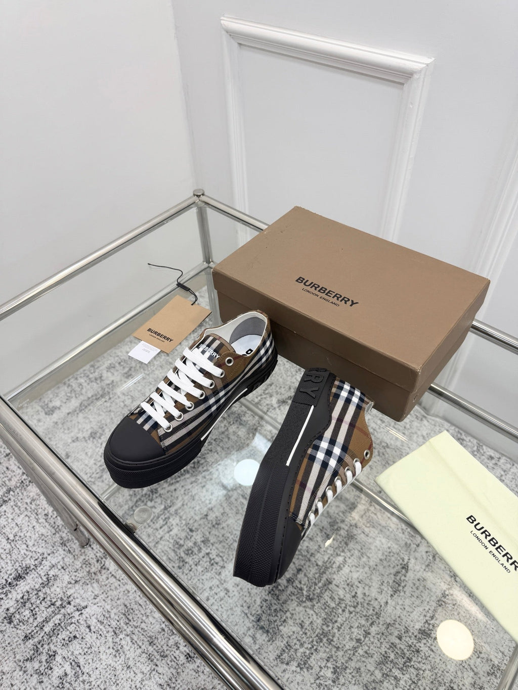 BURBERRY 26S VINTAGE CHECK LOW TOP SNEAKERS IN BLACK AND BROWN CANVAS