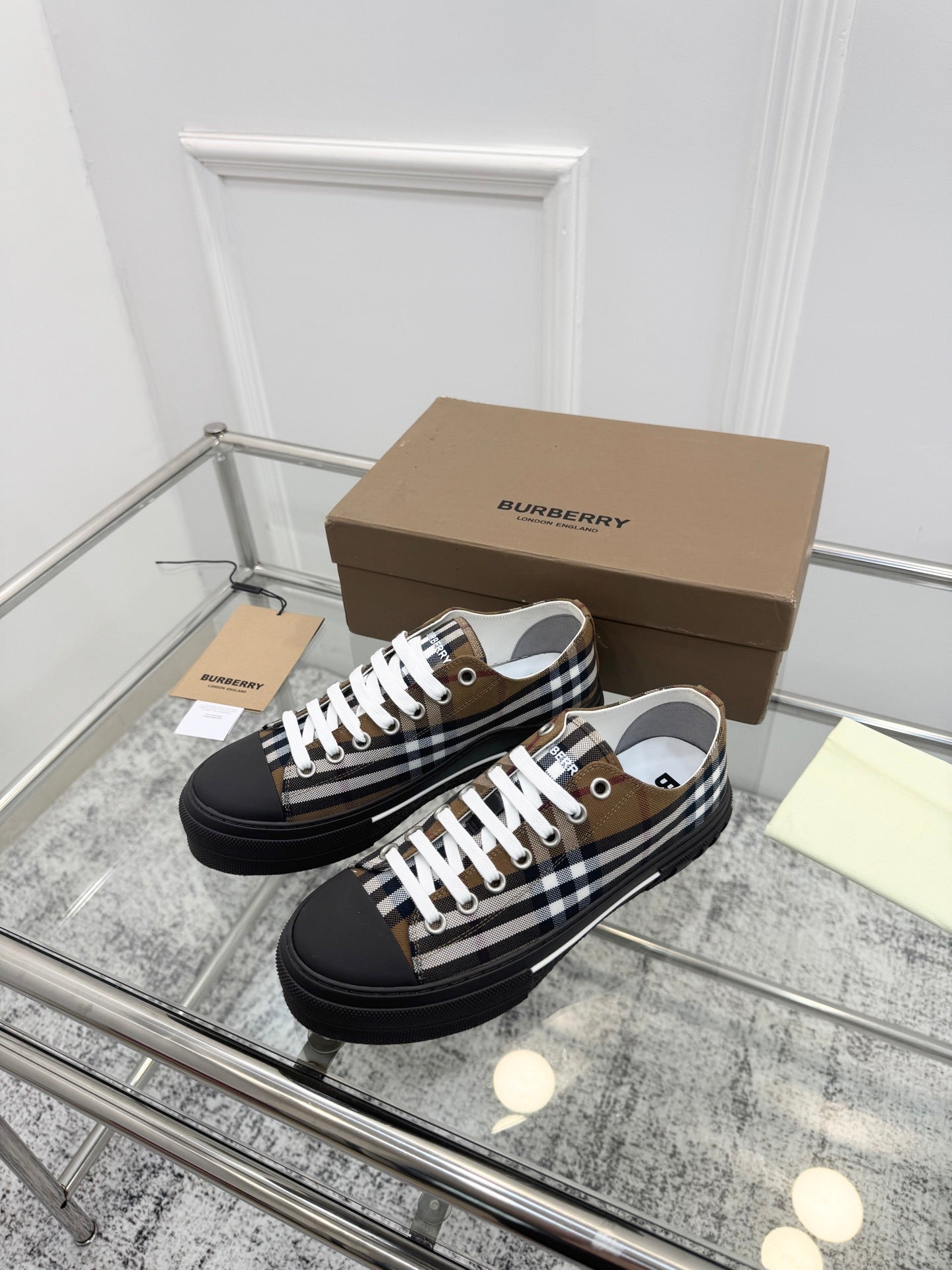BURBERRY 26S VINTAGE CHECK LOW TOP SNEAKERS IN BLACK AND BROWN CANVAS