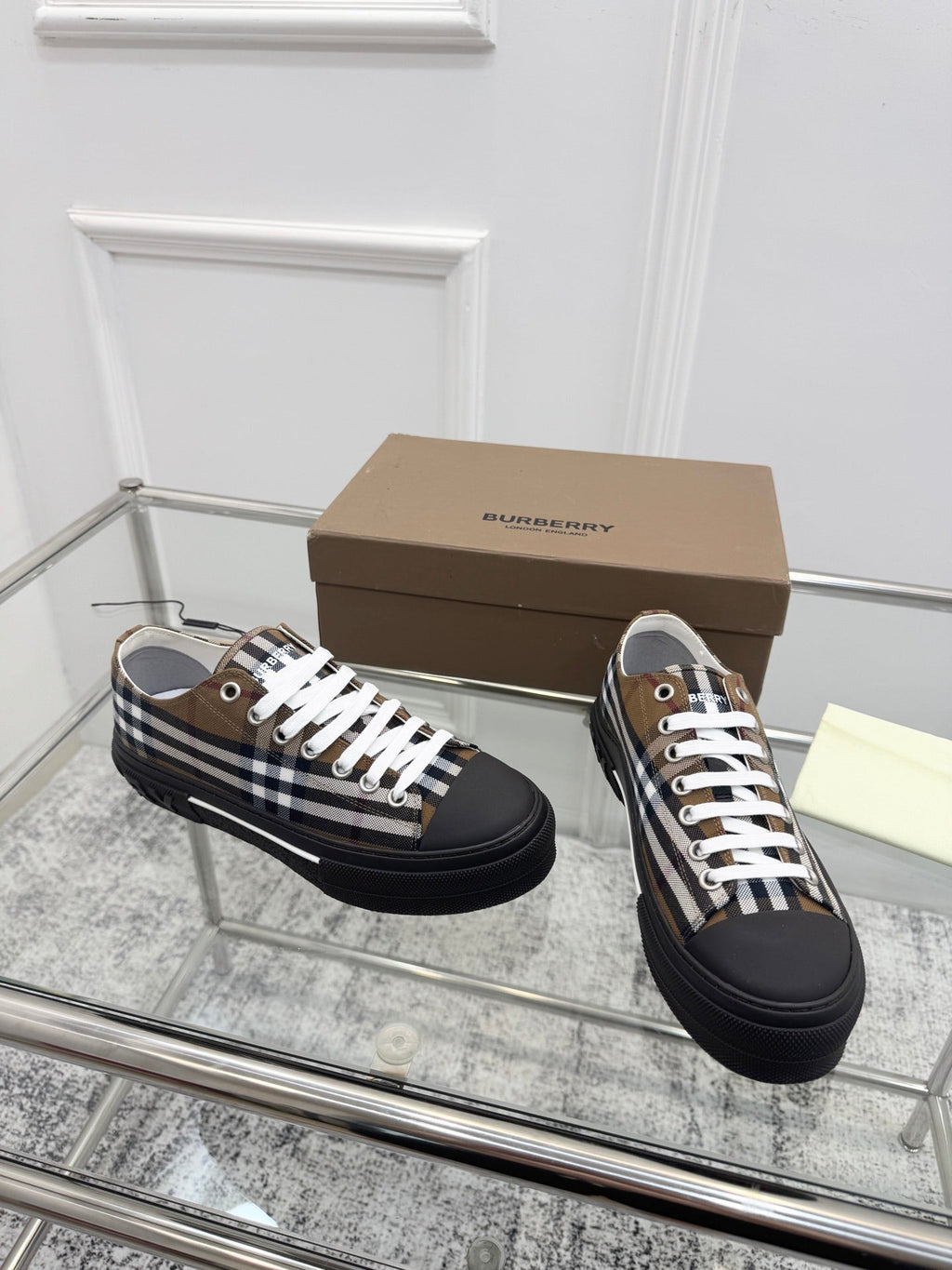 BURBERRY 26S VINTAGE CHECK LOW TOP SNEAKERS IN BLACK AND BROWN CANVAS