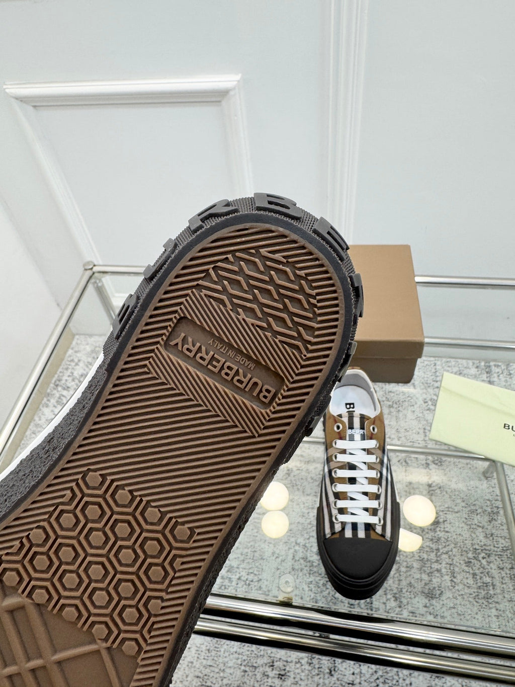 BURBERRY 26S VINTAGE CHECK LOW TOP SNEAKERS IN BLACK AND BROWN CANVAS