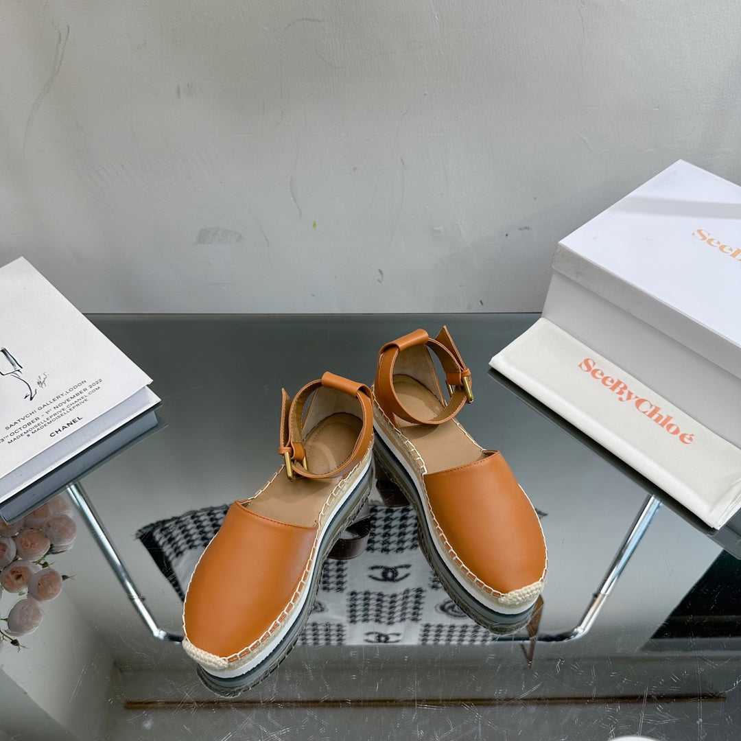 SEE BY ESPADRILLES SANDAL IN COPPER BROWN CALFSKIN AND WOVEN RAFFIA