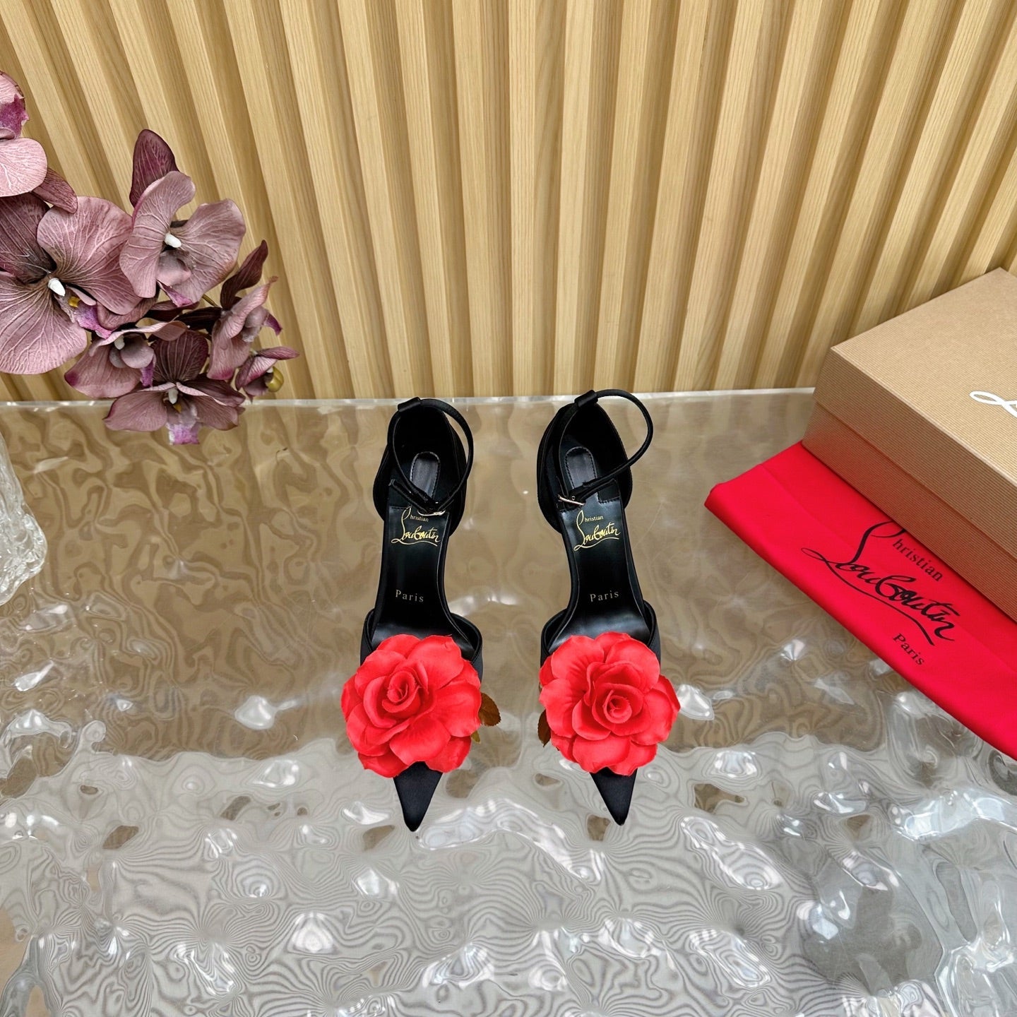 RED BELLAROSE STRAP PUMPS 110MM IN BLACK CREPE SATIN