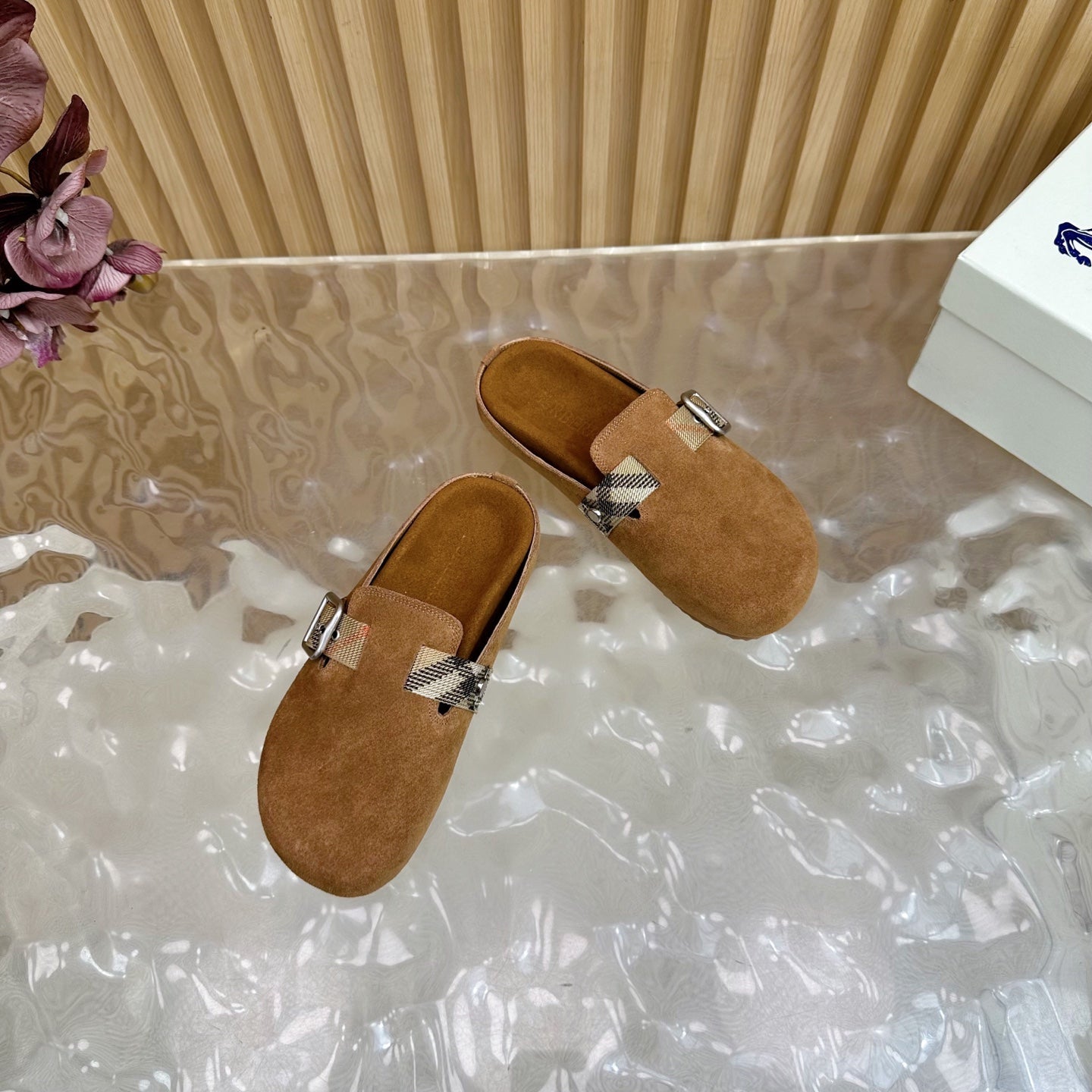 BURBERRY 26S BUCKLE MULES IN BROWN SUEDE