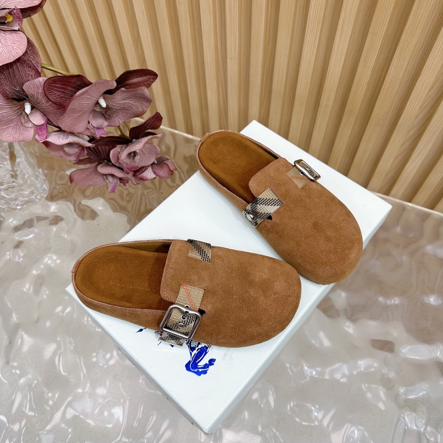 BURBERRY 26S BUCKLE MULES IN BROWN SUEDE