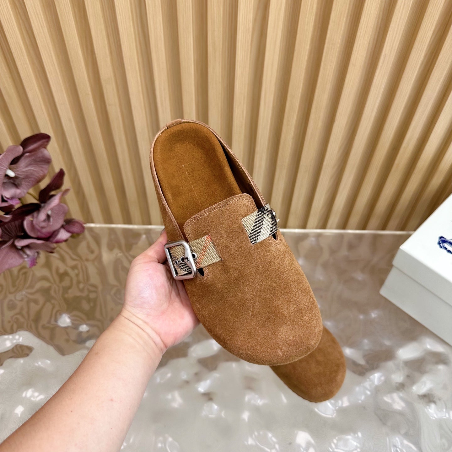 BURBERRY 26S BUCKLE MULES IN BROWN SUEDE