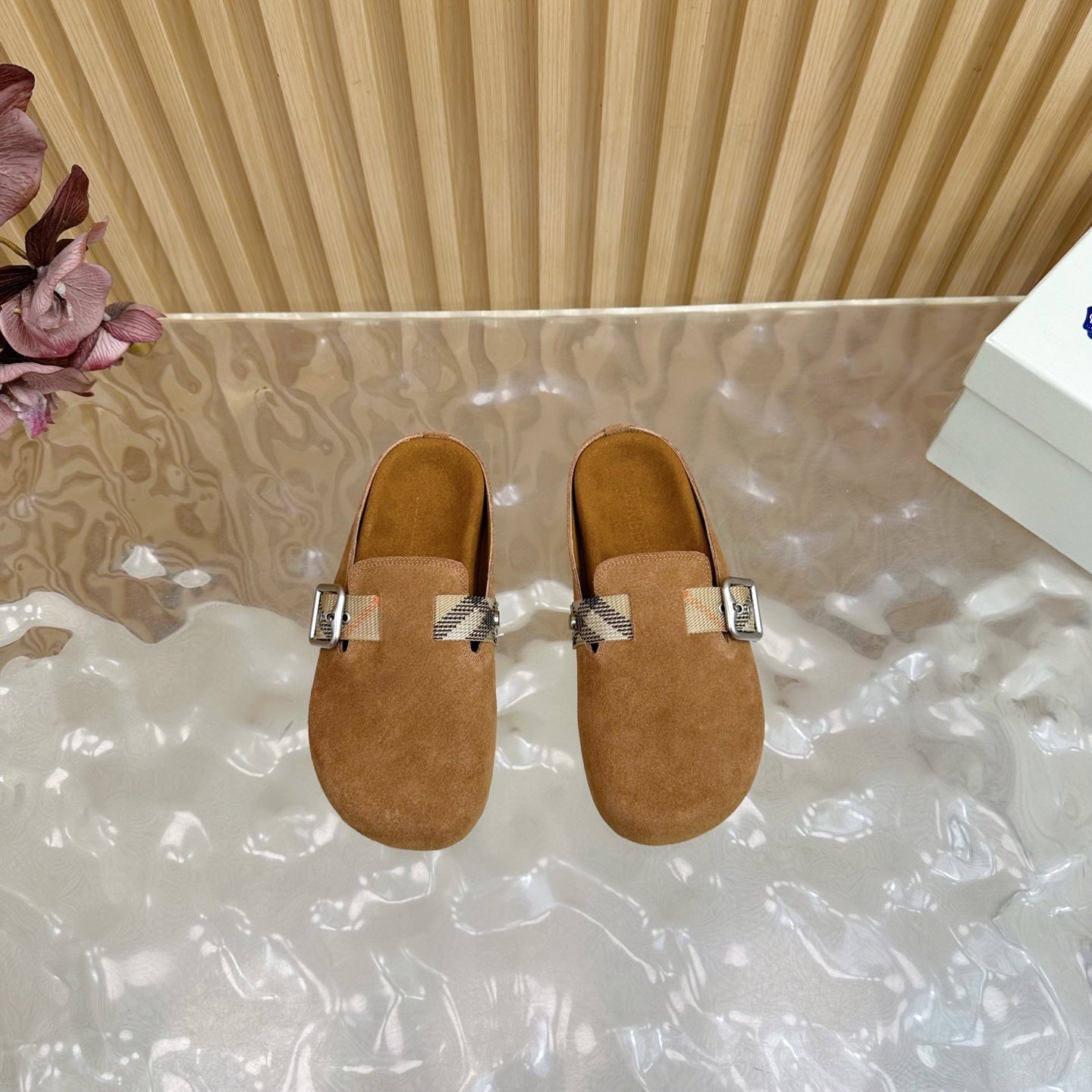 BURBERRY 26S BUCKLE MULES IN BROWN SUEDE