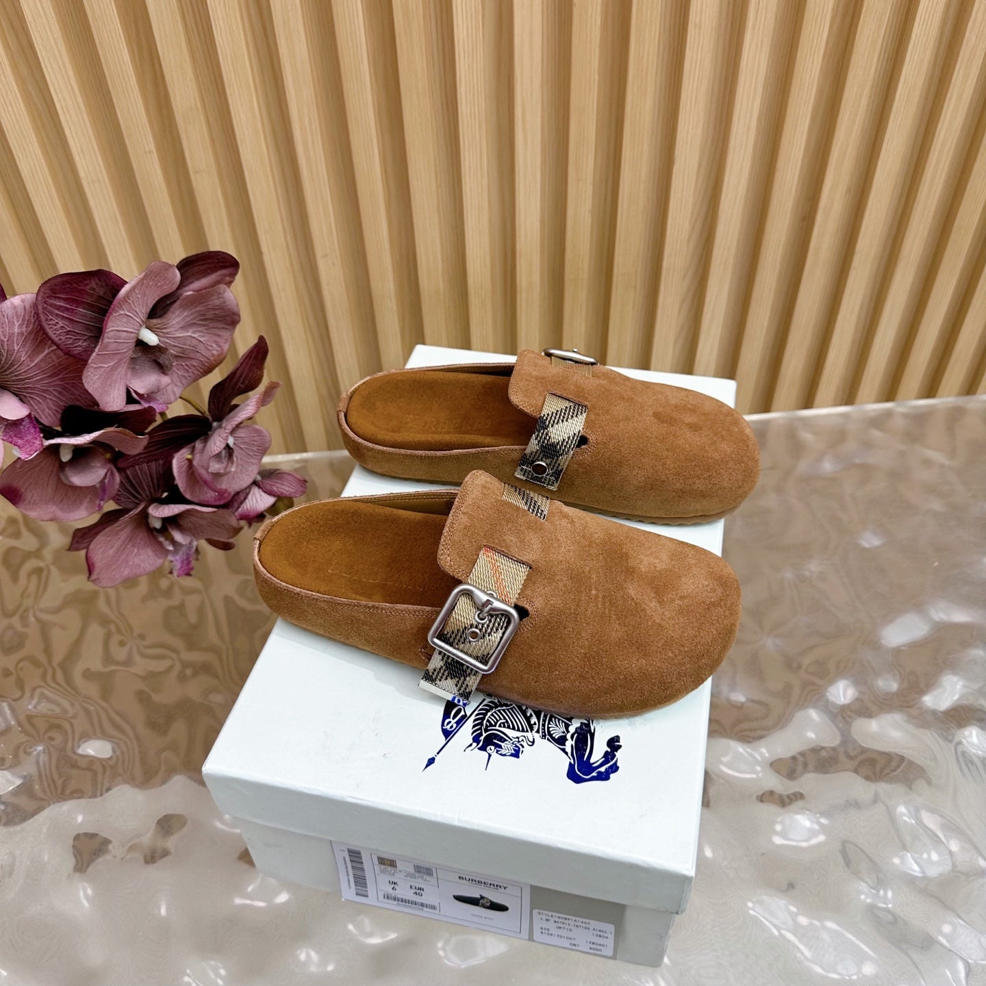 BURBERRY 26S BUCKLE MULES IN BROWN SUEDE