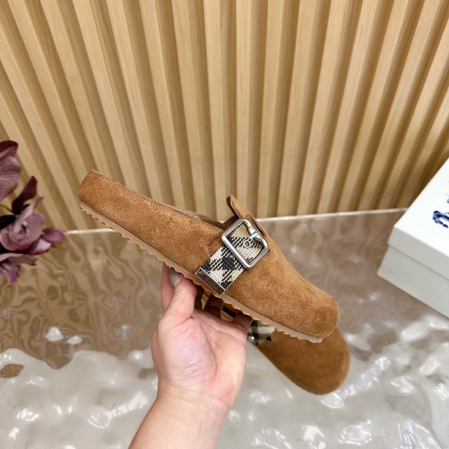 BURBERRY 26S BUCKLE MULES IN BROWN SUEDE