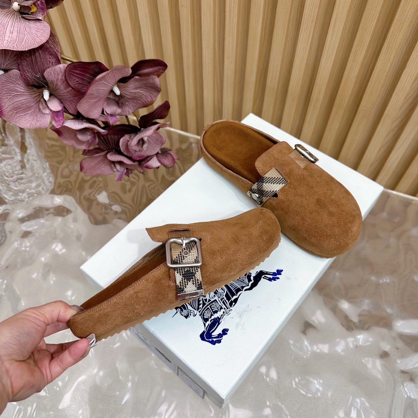 BURBERRY 26S BUCKLE MULES IN BROWN SUEDE