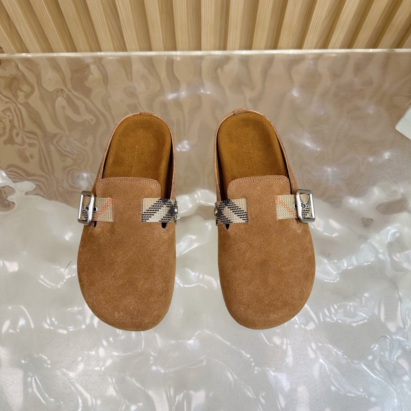 BURBERRY 26S BUCKLE MULES IN BROWN SUEDE
