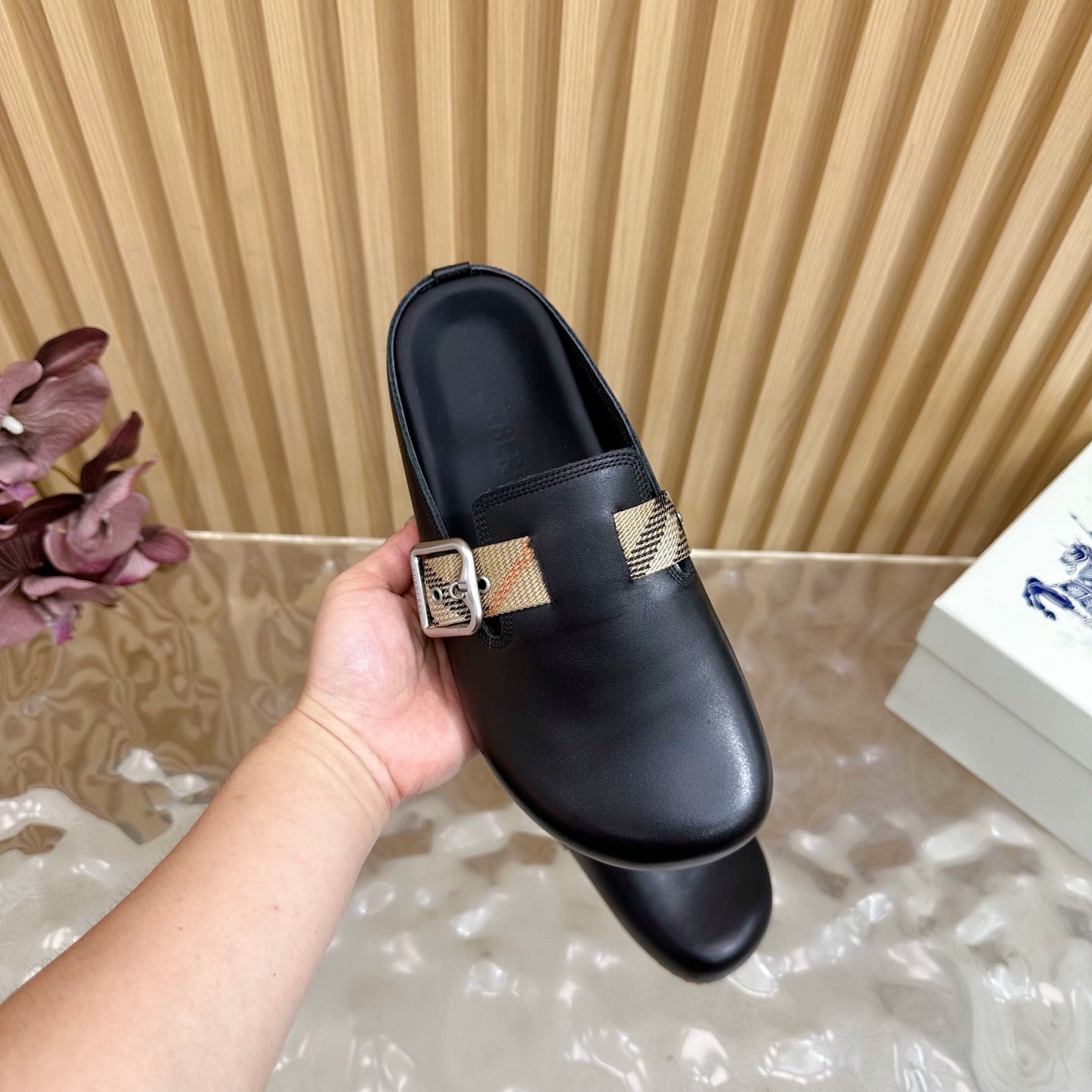 BURBERRY 26S PLAID BUCKLE MULES IN BLACK CALFSKIN