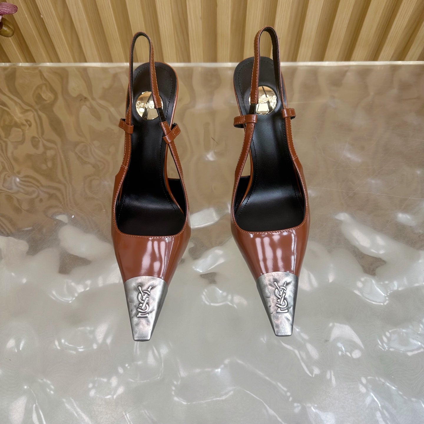 YSL 25S HIGH-HEEL SLINGBACKS 105 MM IN REDWOOD BROWN LAMBSKIN AND SILVER HARDWARE