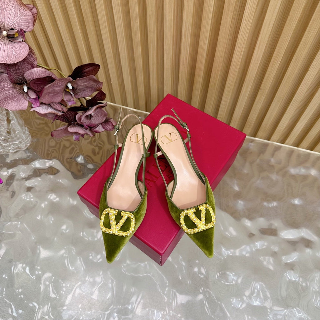 VALENTINO 25S HIGH-HEEL SLINGBACKS IN MOSS GREEN VELVET WITH GOLD HARDWARE