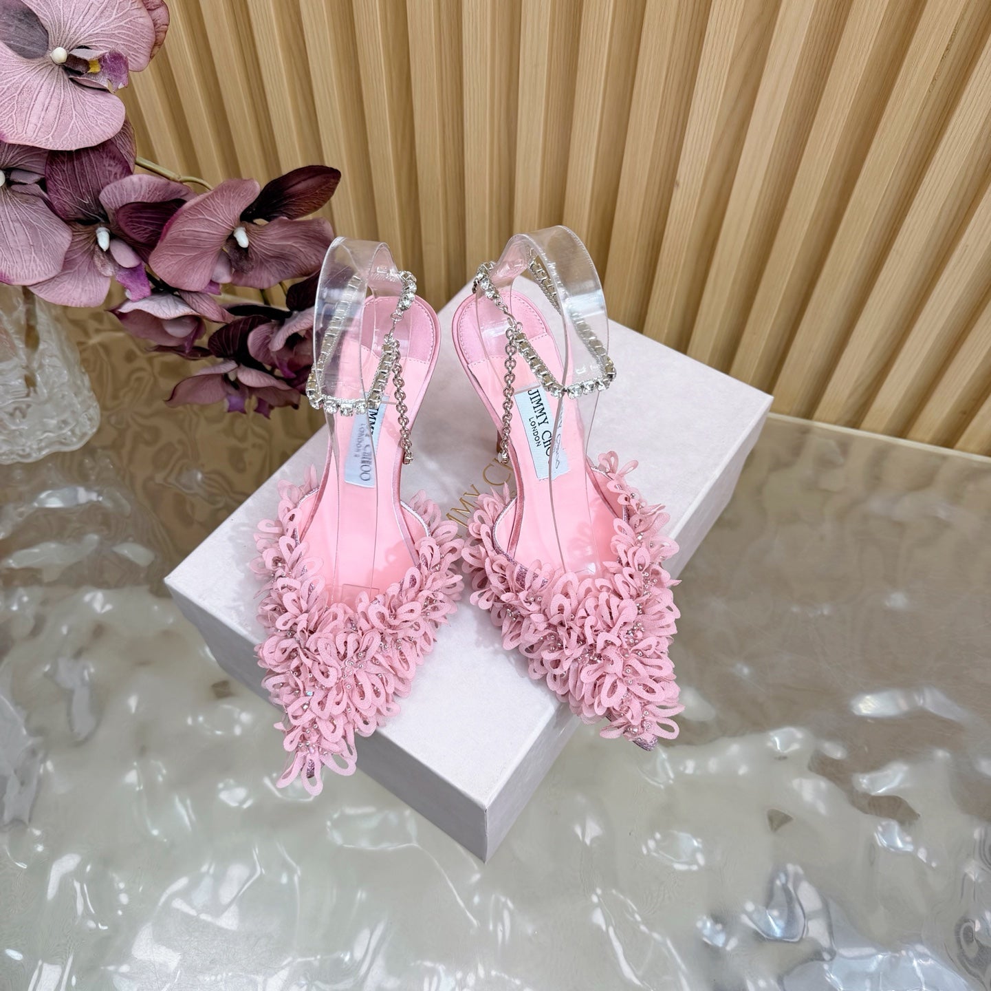 JIMMY CHOO 26S HIGH HEELS 100 MM IN PINK FABRIC AND LAMBSKIN CRYSTAL STRAPS