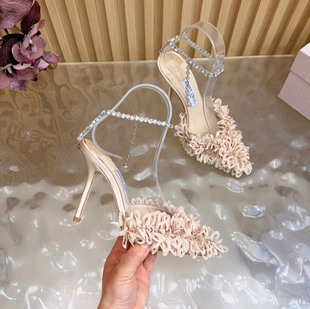 JIMMY CHOO 26S HIGH HEELS 100 MM IN NUDE PINK FABRIC AND LAMBSKIN CRYSTAL STRAPS