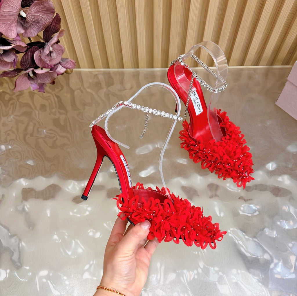 JIMMY CHOO 26S HIGH HEELS 100 MM IN RED FABRIC AND LAMBSKIN CRYSTAL STRAPS