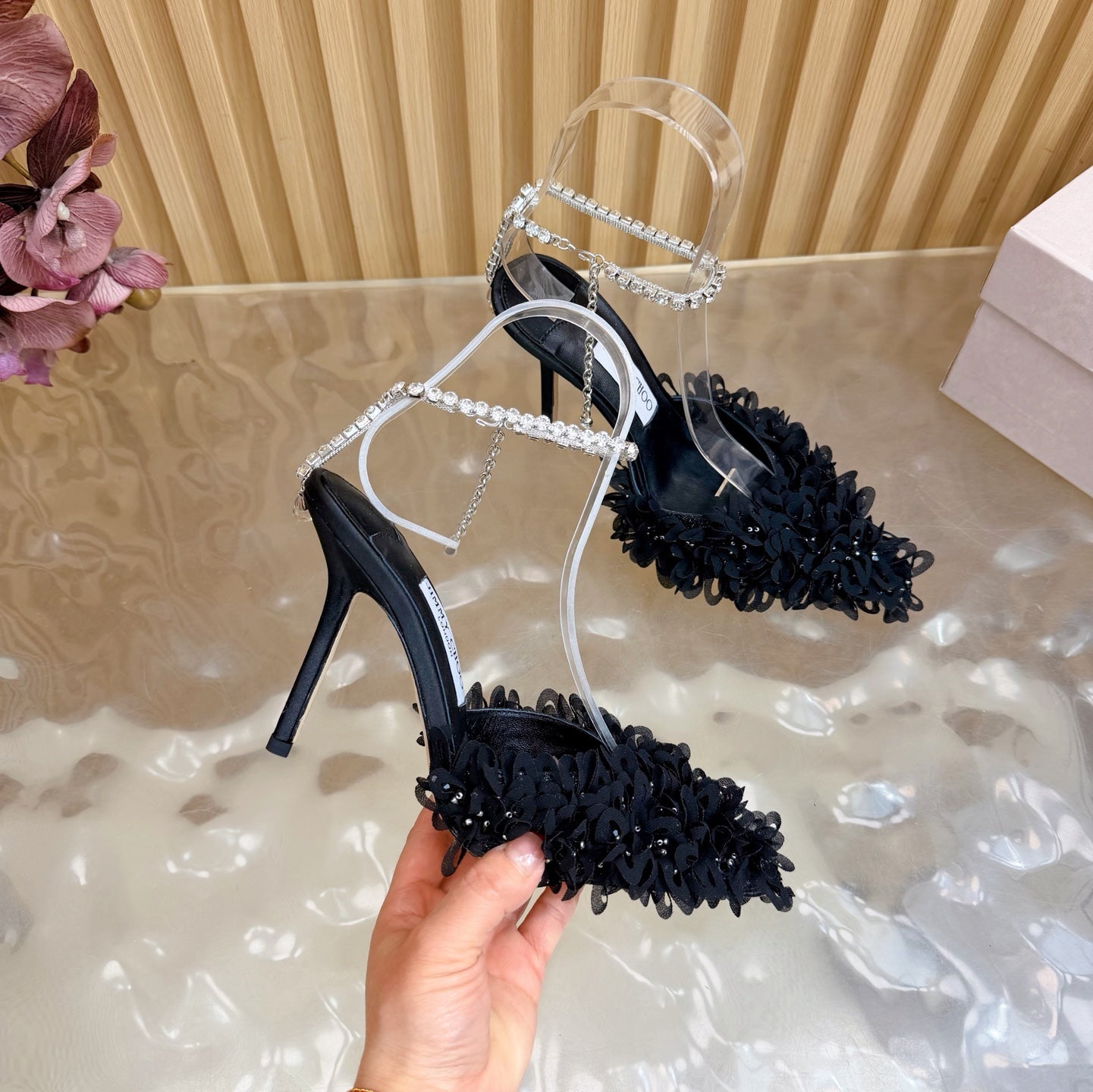 JIMMY CHOO 26S HIGH HEELS 100 MM IN BLACK FABRIC AND LAMBSKIN CRYSTAL STRAPS