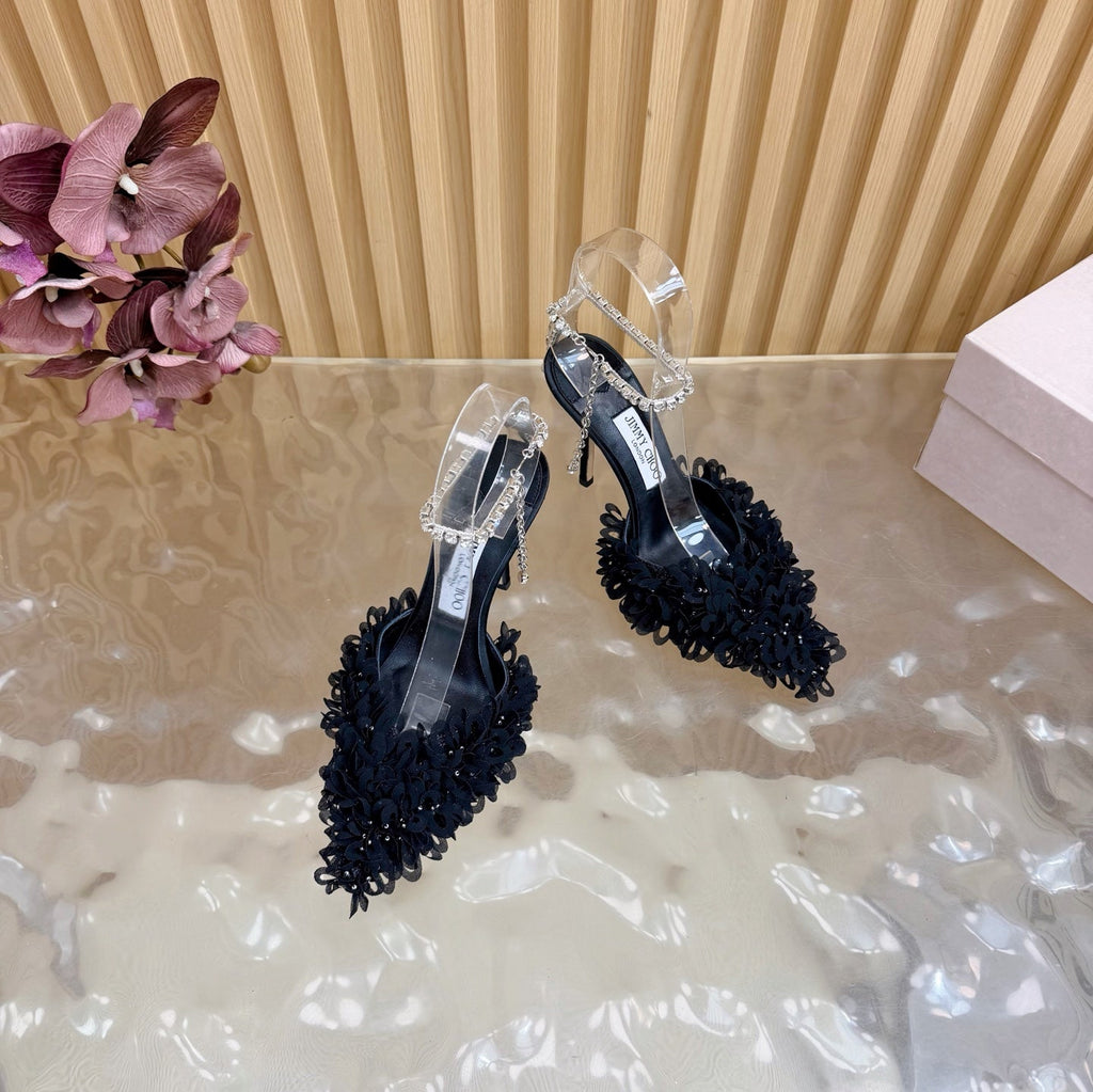 JIMMY CHOO 26S HIGH HEELS 100 MM IN BLACK FABRIC AND LAMBSKIN CRYSTAL STRAPS