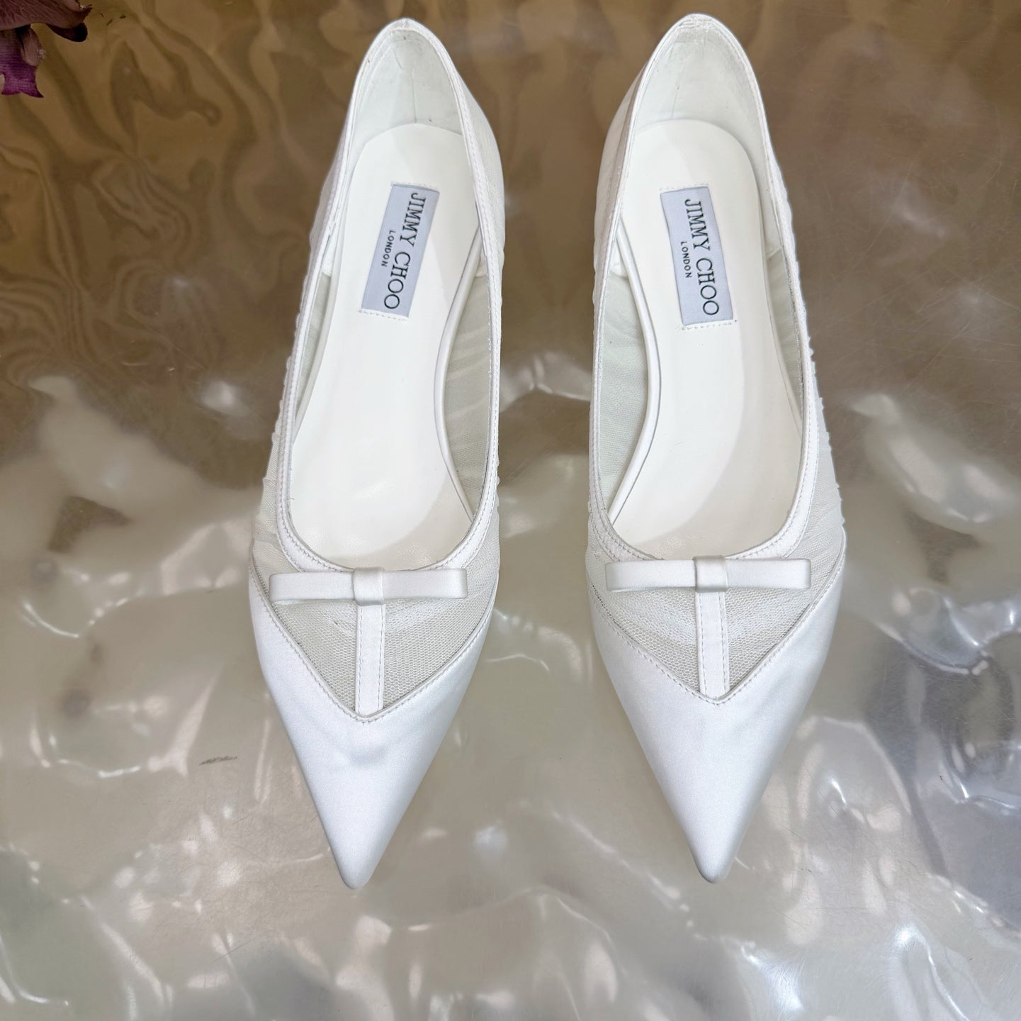 JIMMY CHOO 26S FLATS IN WHITE MESH AND SATIN